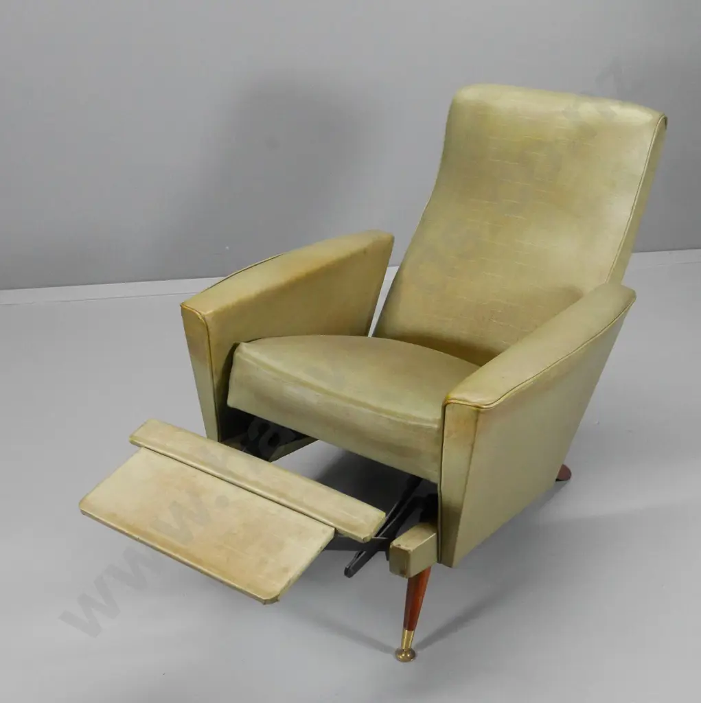 mid-century full recliner with foot rest, original vinyl upholstery has some discolouration. H960 W750 D830 Image 1++