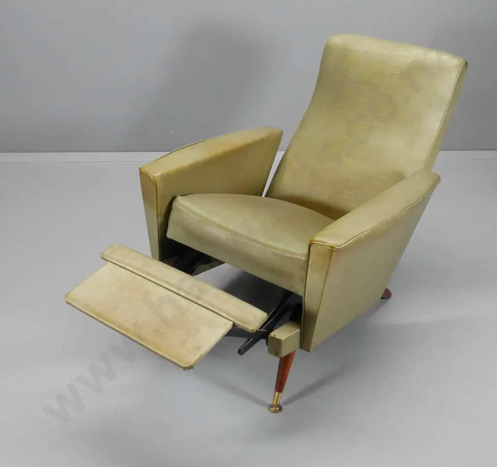 mid-century full recliner with foot rest, original vinyl upholstery has some discolouration. H960 W750 D830 Image 1++