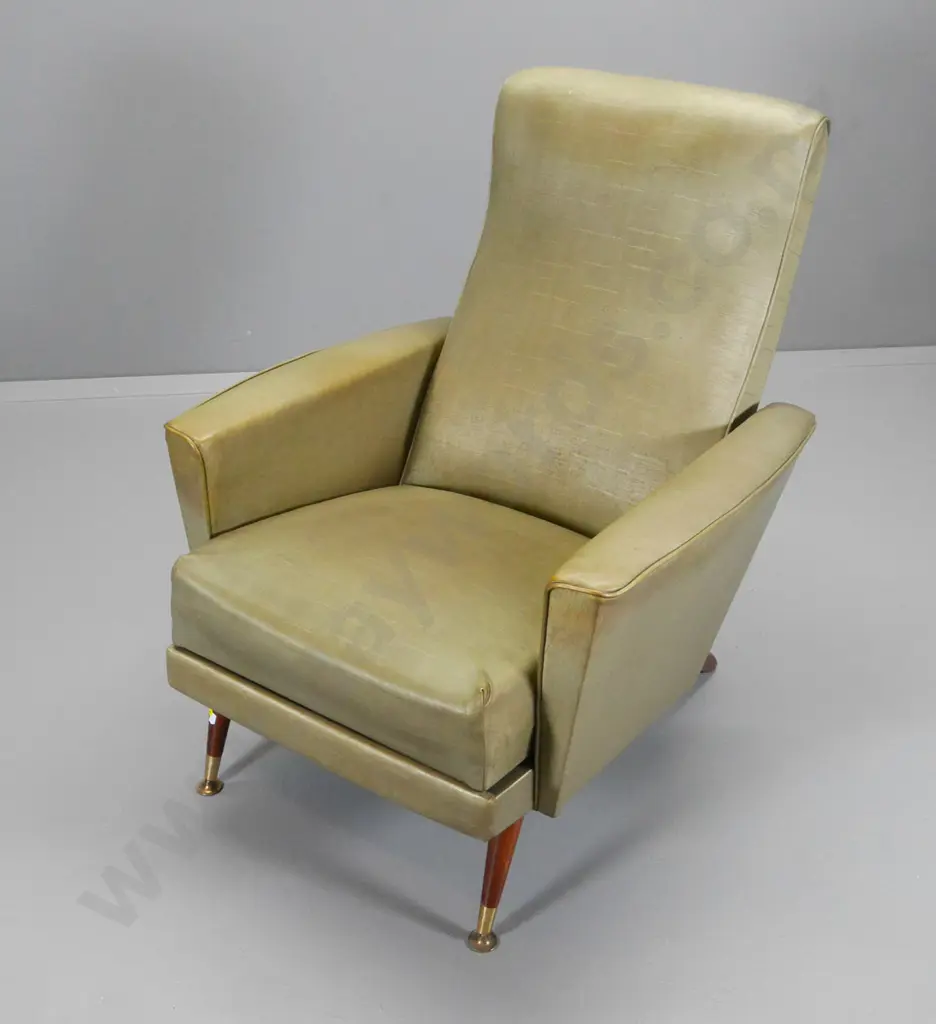 mid-century full recliner with foot rest, original vinyl upholstery has some discolouration. H960 W750 D830 Image 1++