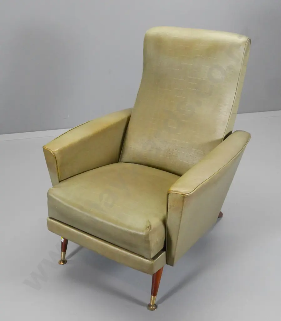 mid-century full recliner with foot rest, original vinyl upholstery has some discolouration. H960 W750 D830 Image 1++