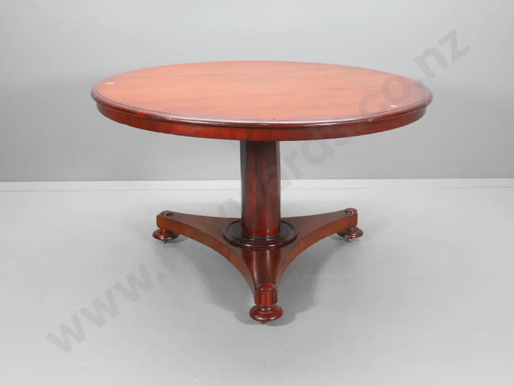 vintage mahogany round dining table on tripod pedestal base w/ bun feet, has had split repaired on top H720 D1220 Image 1++