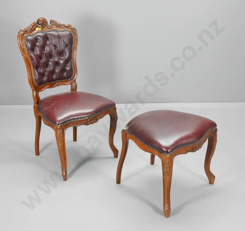 vintage carved shield back dining chair, studded leather w/matching stool made from cut down chair H1010 W500 D460 Image 1++