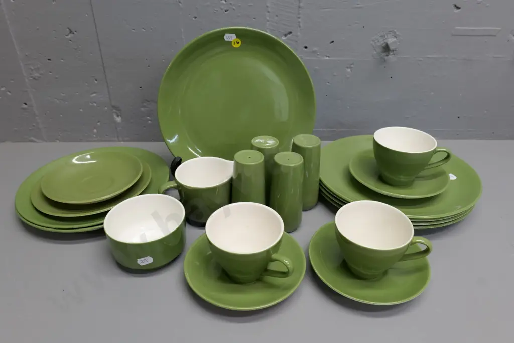 Crown Lynn green Colour Glaze dinnerware items - plates, 2 salt & pepper sets, 3 cups, cream, sugar, 2 are non matching Image 1++