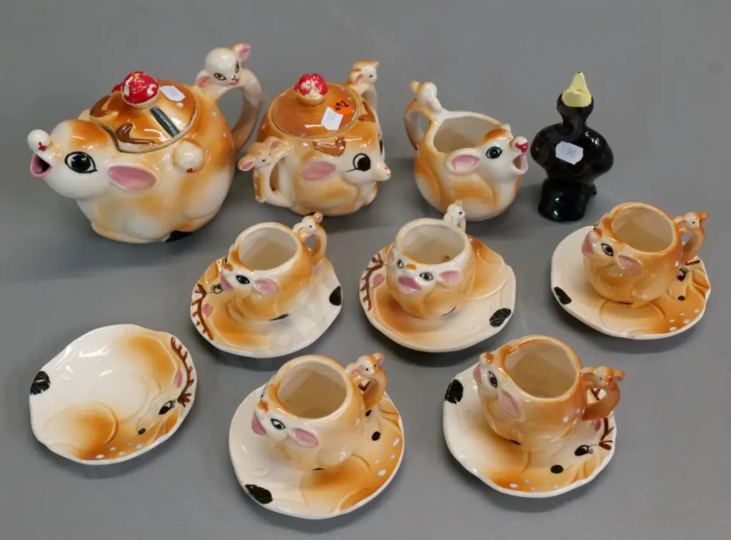 novelty Rudolph deer themed child's tea set, missing one cup, paint loss to knobs and noses & a blackbird pie funnel Image 1++
