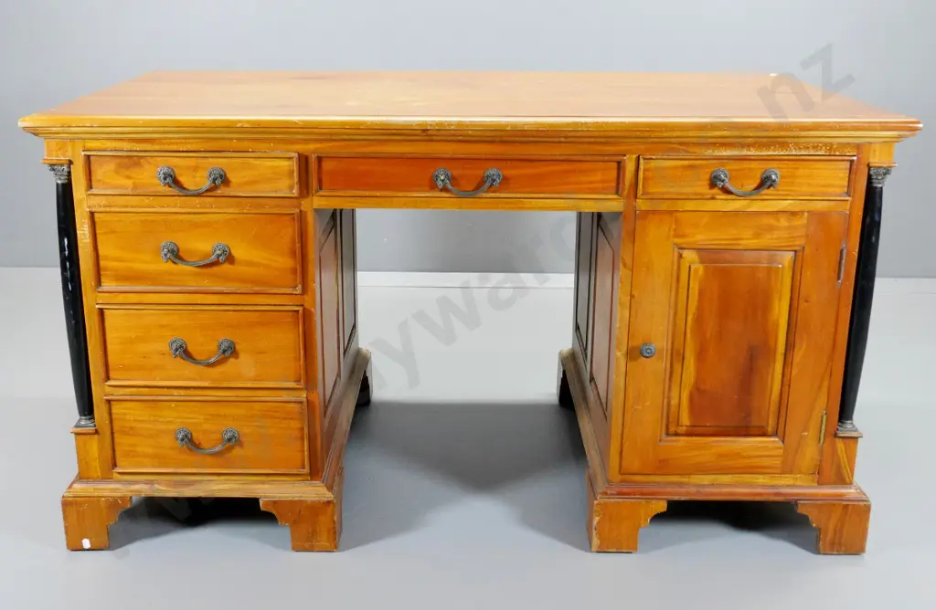 reproduction Empire style mahogany twin-pedestal desk - 6 drawer, 1 door - some rubbing to polish H770 W1410 D750 Image 1++