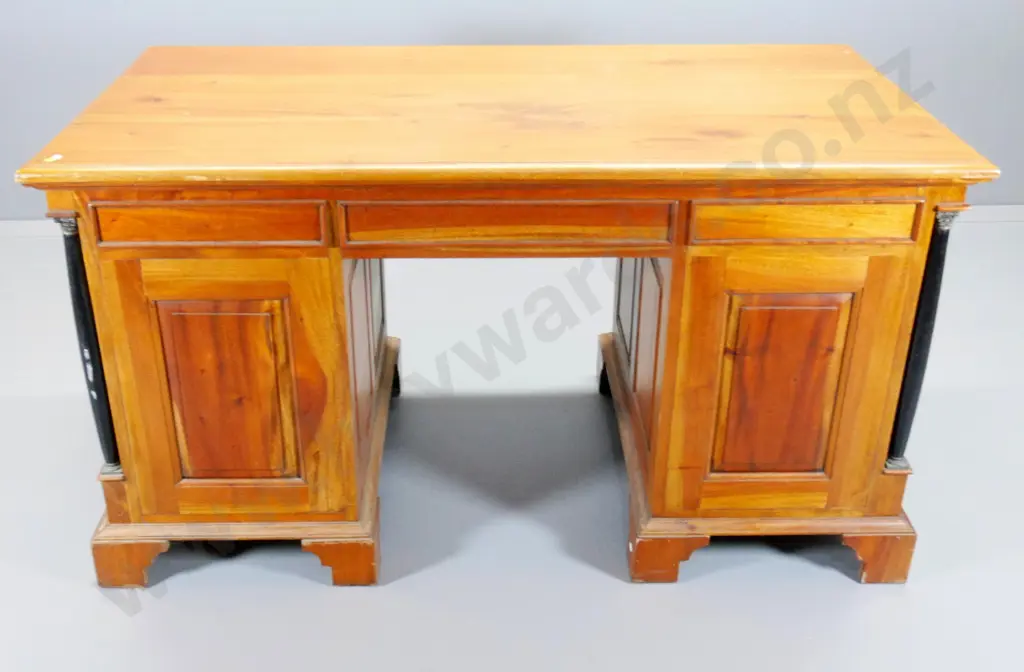 reproduction Empire style mahogany twin-pedestal desk - 6 drawer, 1 door - some rubbing to polish H770 W1410 D750 Image 1++