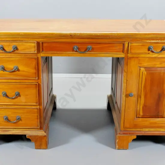 reproduction Empire style mahogany twin-pedestal desk - 6 drawer, 1 door - some rubbing to polish H770 W1410 D750