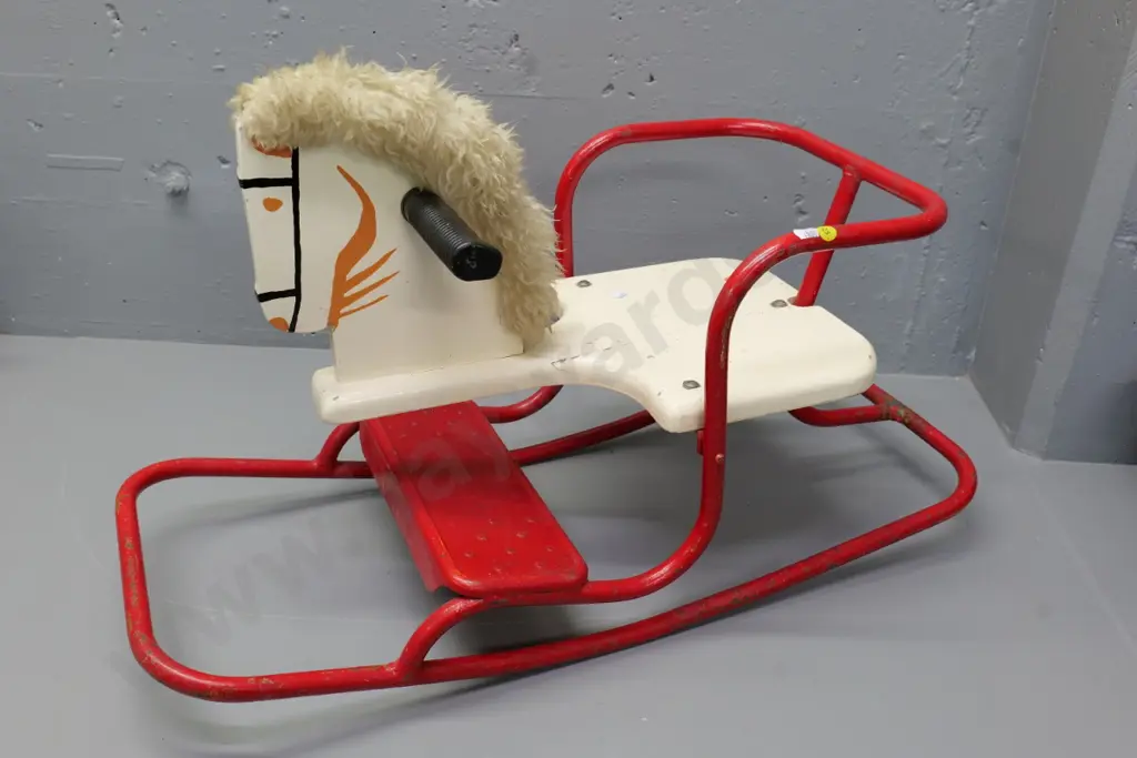 vintage Triang metal framed rocking horse with wooden seat, replaced hand grips, some chips H-420 L-680 W-280 Image 1++