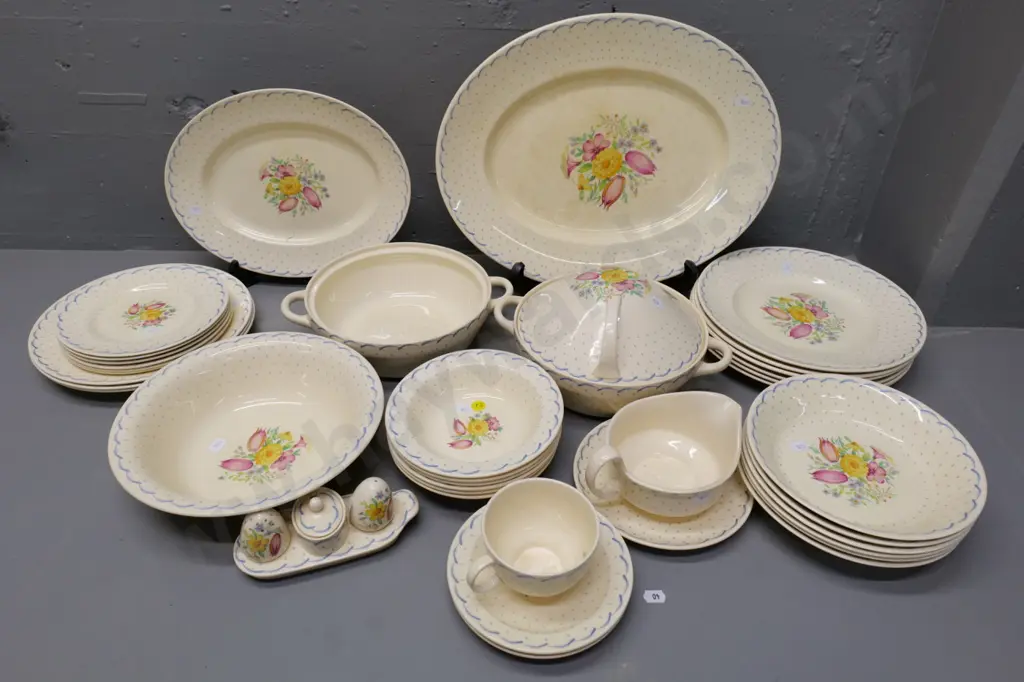 assorted Susie Cooper Springtime dinnerware - large ashett has staining, otherwise good condition, one dish missing lid Image 1++