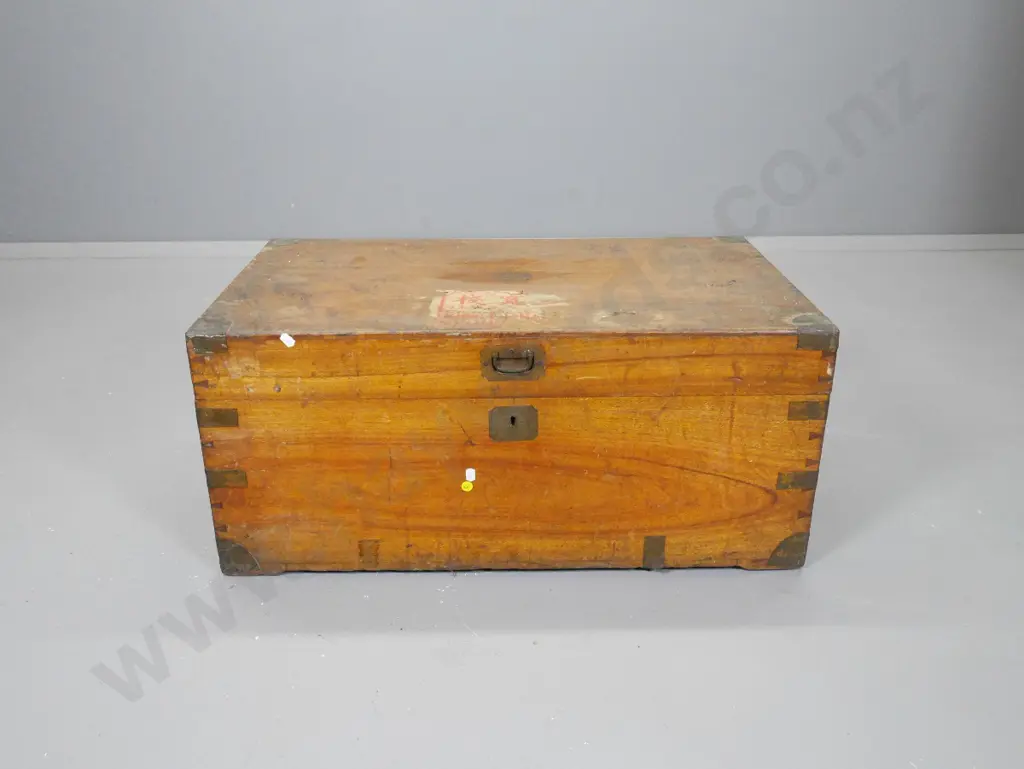 vintage Chinese camphorwood travel trunk with metal binding and handles, paper label, some splitting H340 L760 D430 Image 1++