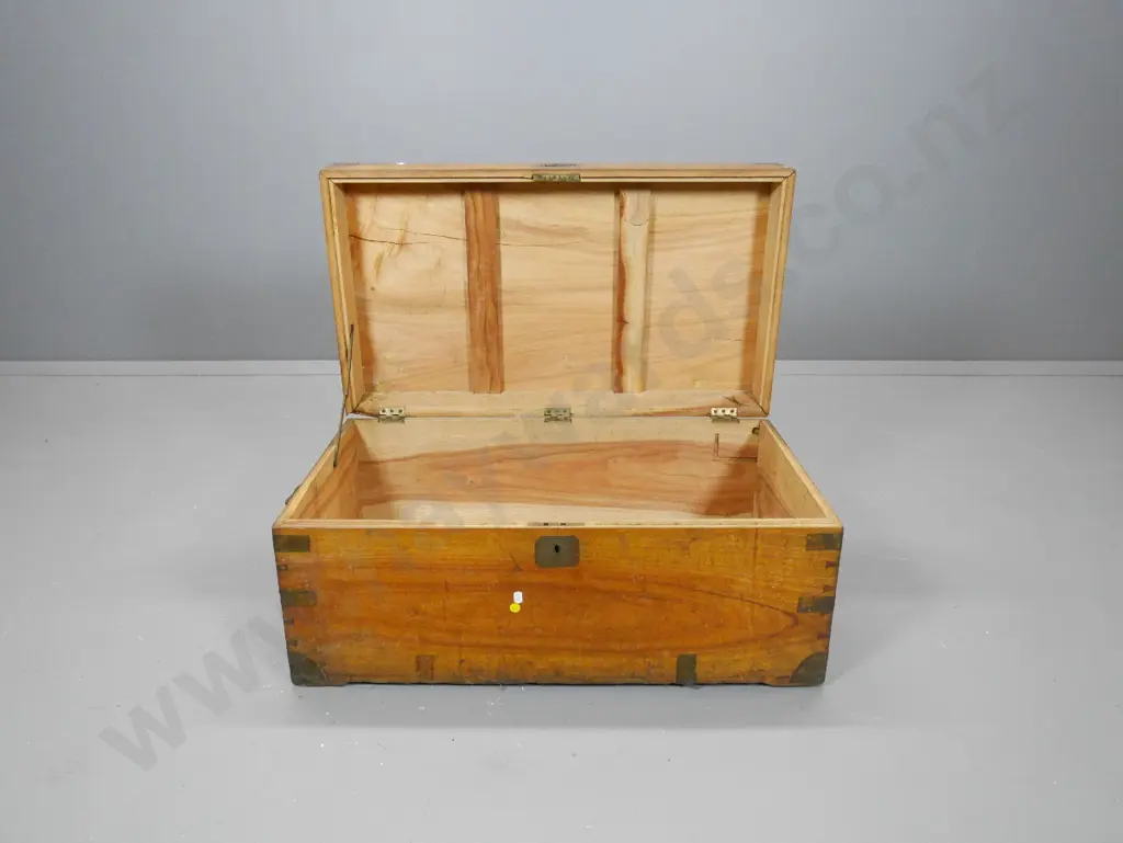 vintage Chinese camphorwood travel trunk with metal binding and handles, paper label, some splitting H340 L760 D430 Image 1++