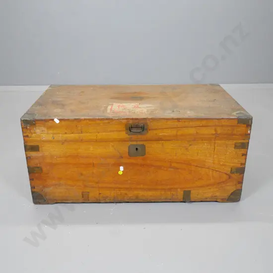 vintage Chinese camphorwood travel trunk with metal binding and handles, paper label, some splitting H340 L760 D430