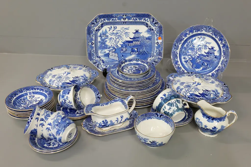 assorted Burleigh willow pattern dinnerware including 2 lidded servers, gravy jug and saucer, etc - chips to 2 items Image 1++