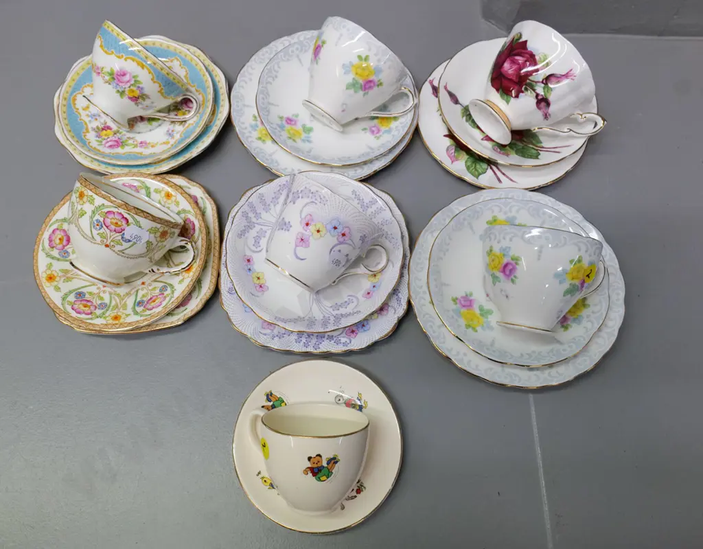 6 English china trios - Royal Standard, Paragon, Colclough, Sutherland, Foley - and a Crown Lynn Wee Pets cup & saucer Image 1++
