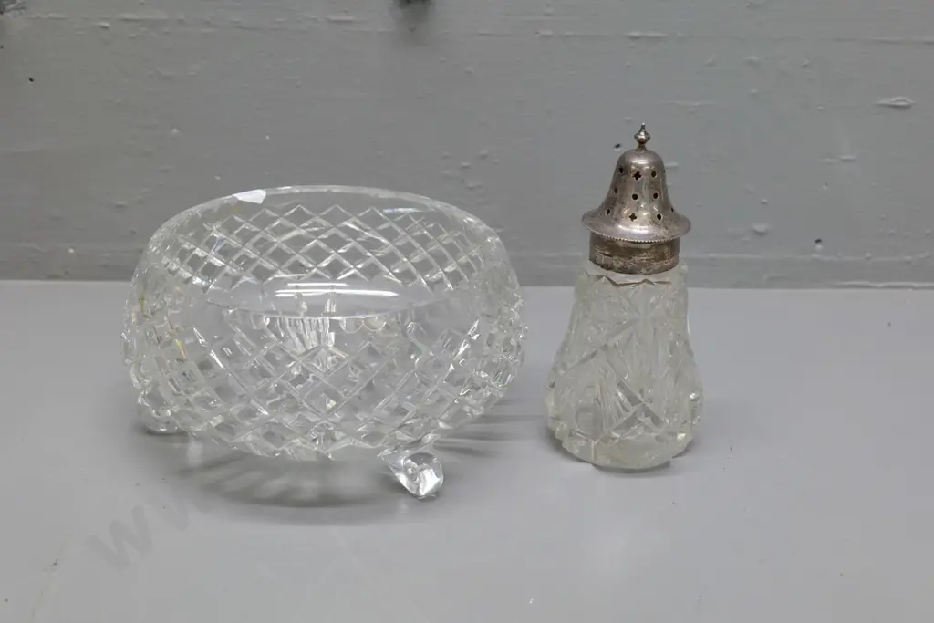 vintage depression glass caster shaker with sterling silver top & a footed cut crystal bowl H-100 Diameter 200 Image 1++