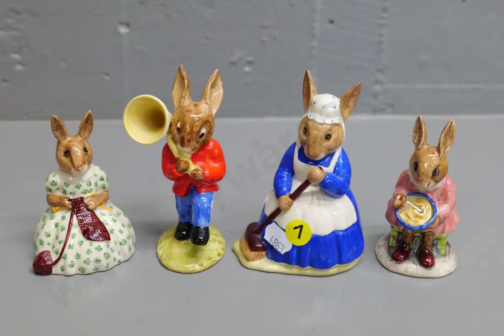 4 Royal Doulton Bunnykins figures - Mrs. Bunnykins, Bunty, sousaphone player, busy needles, tallest H100 Image 1++