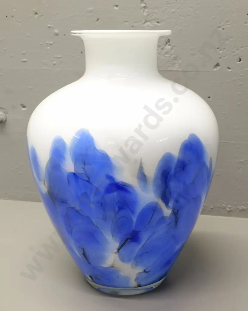 large art glass vase - white with blue abstract floral motif - no maker's marks. H-410 D-280 at widest Image 1++