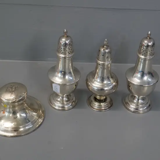 4 sterling silver items - 3 pepper pots and an inkwell, tallest H-130