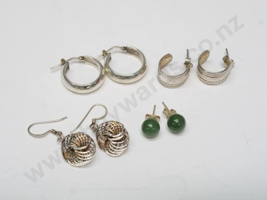 2 pairs of silver hoop earrings, pair silver drop earrings & pair of greenstone stud earrings Image 1++