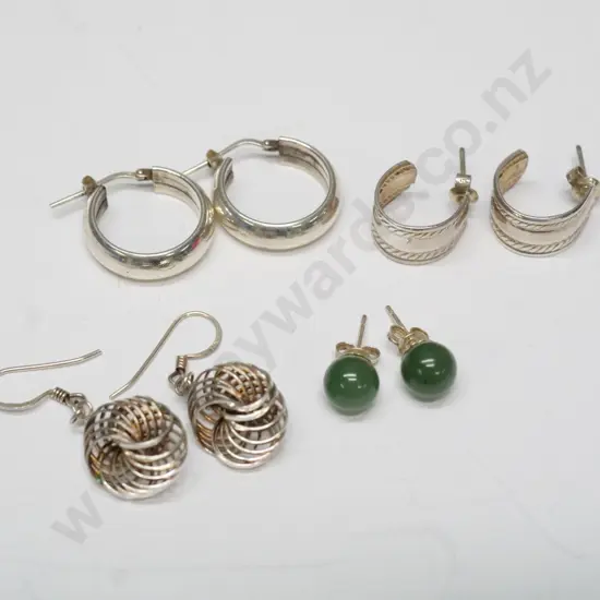 2 pairs of silver hoop earrings, pair silver drop earrings & pair of greenstone stud earrings