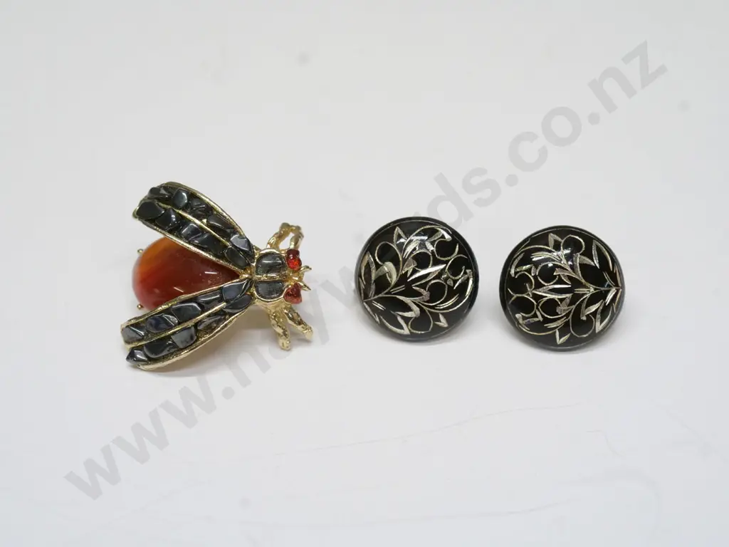 enamel earrings stamped sterling Japan [screw on] & a bug stone brooch Image 1++