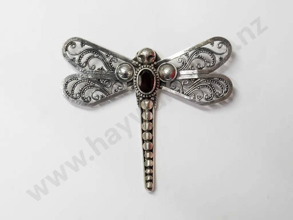 silver dragonfly brooch with garnet stamped 925 Image 1++