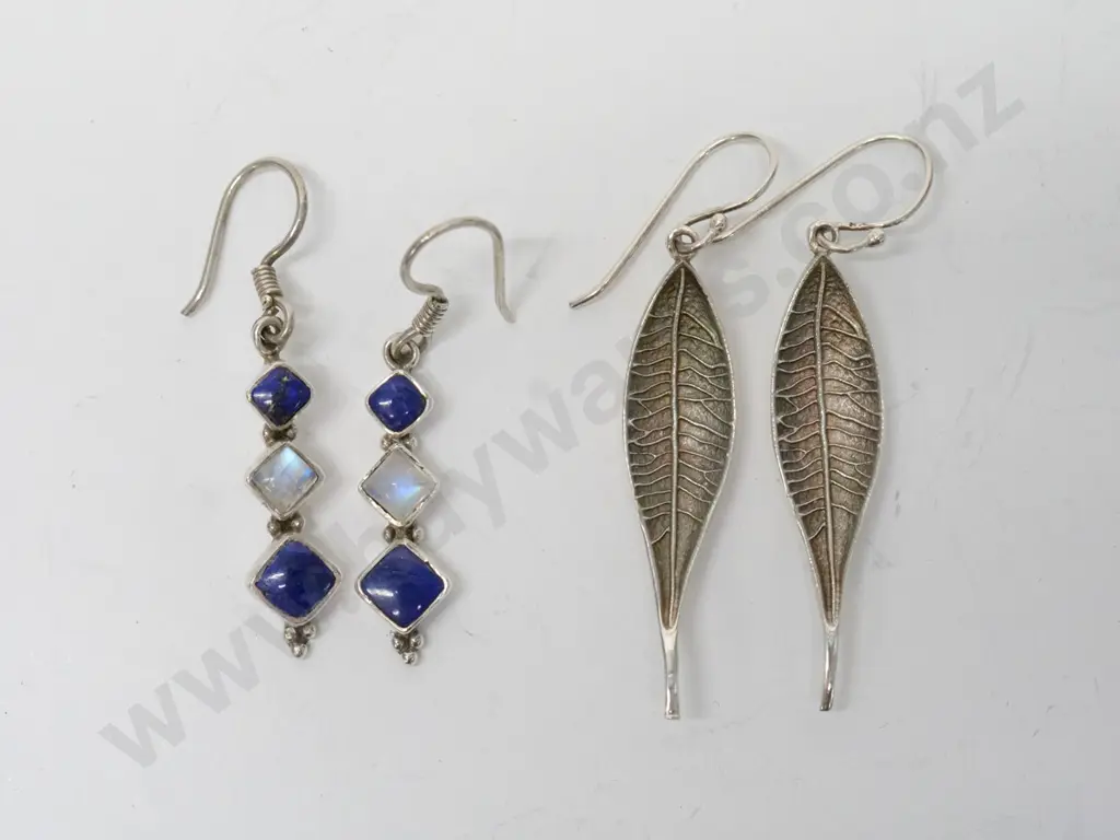 pair of lapis/moonstone earrings & pair of silver earrings both stamped 925 Image 1++