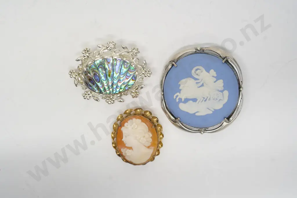 cameo brooch, Limoge brooch [stamped stgsil] & paua shell brooch stamped ster sll Image 1++