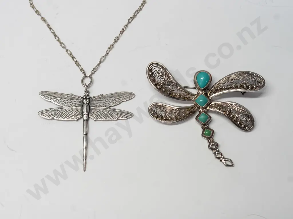 silver & tourquoise dragonfly brooch stamped 925 & dragonfly necklace Image 1++