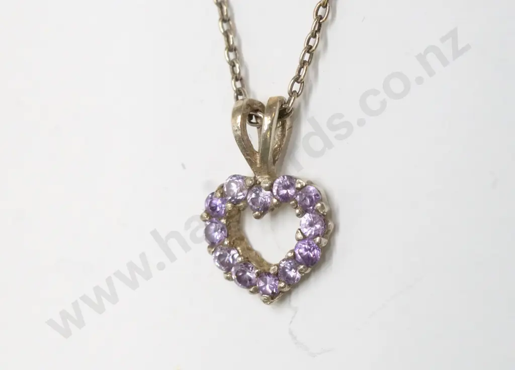 silver heart with amethyst necklace chain stamped 925 Image 1++