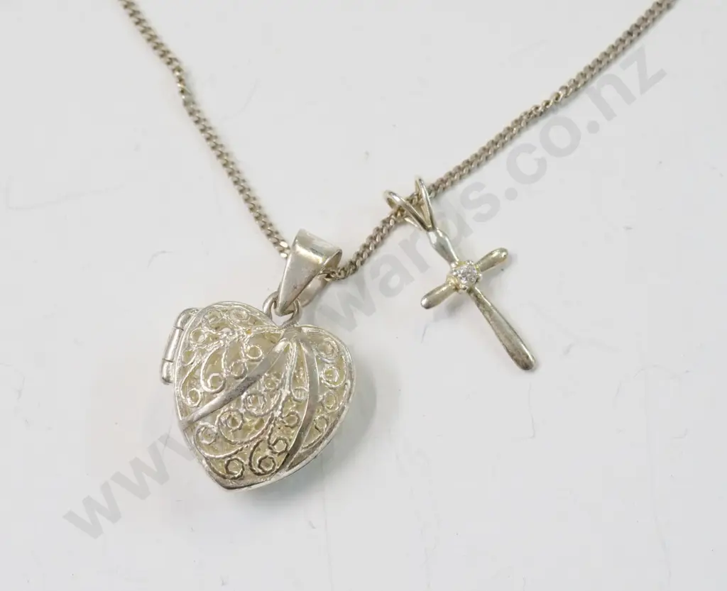 silver heart locket, silver cross  with cz chain & cross stamped 925 Image 1++