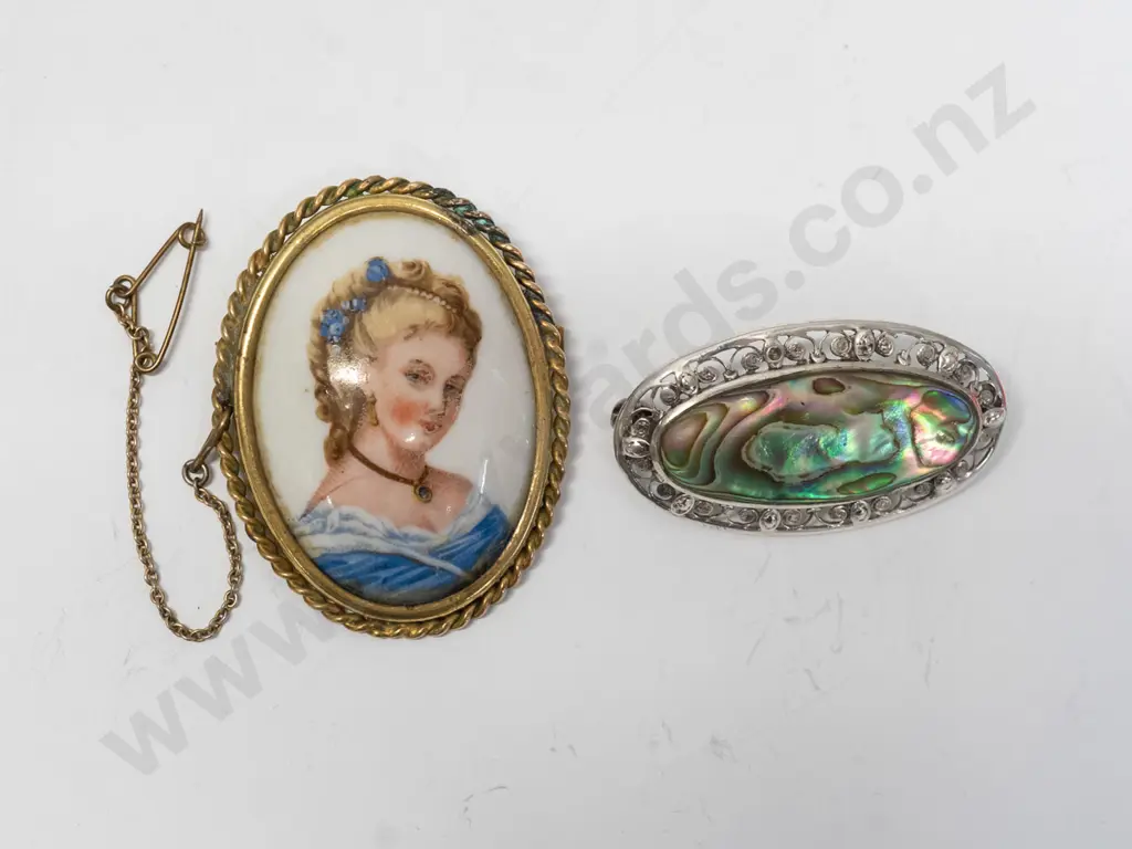Limoges brooch with safety chain & silver paua shell brooch staamped stgsil Image 1++