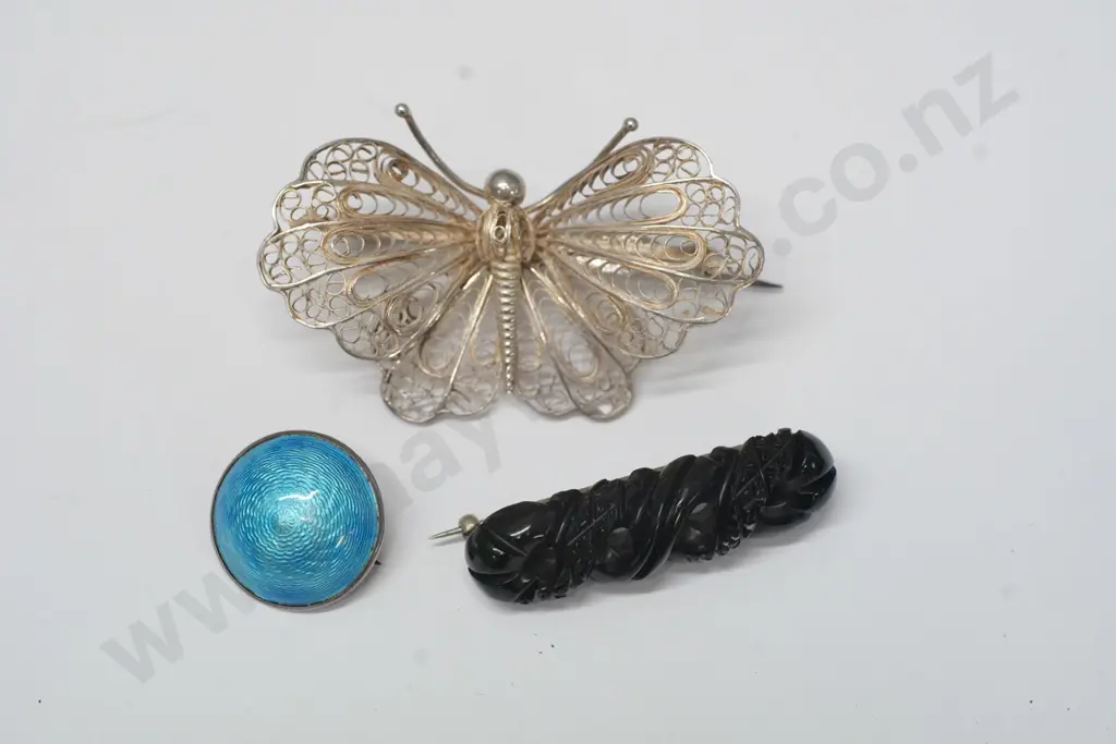 blue enamel brooch [stamped 'anchor, lion, r ], filagreee butterfly brooch & jet bar brooch Image 1++