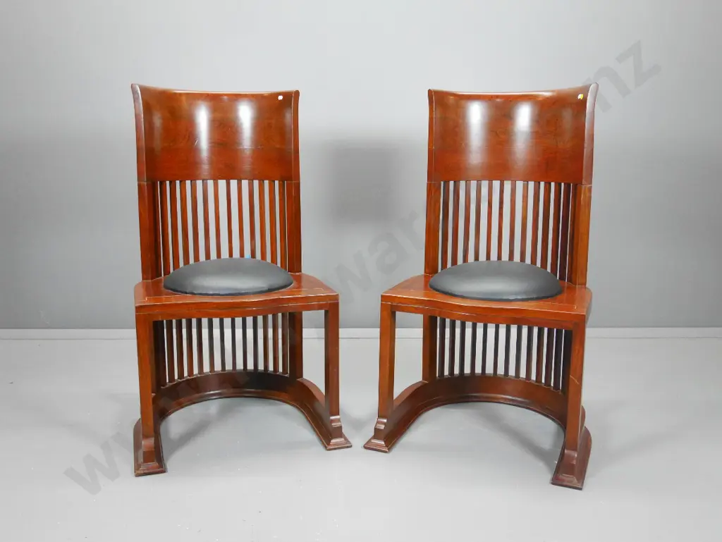 pair of deco style rosewood curved slat back chairs with leather seat H960 W560 D520 Image 1++