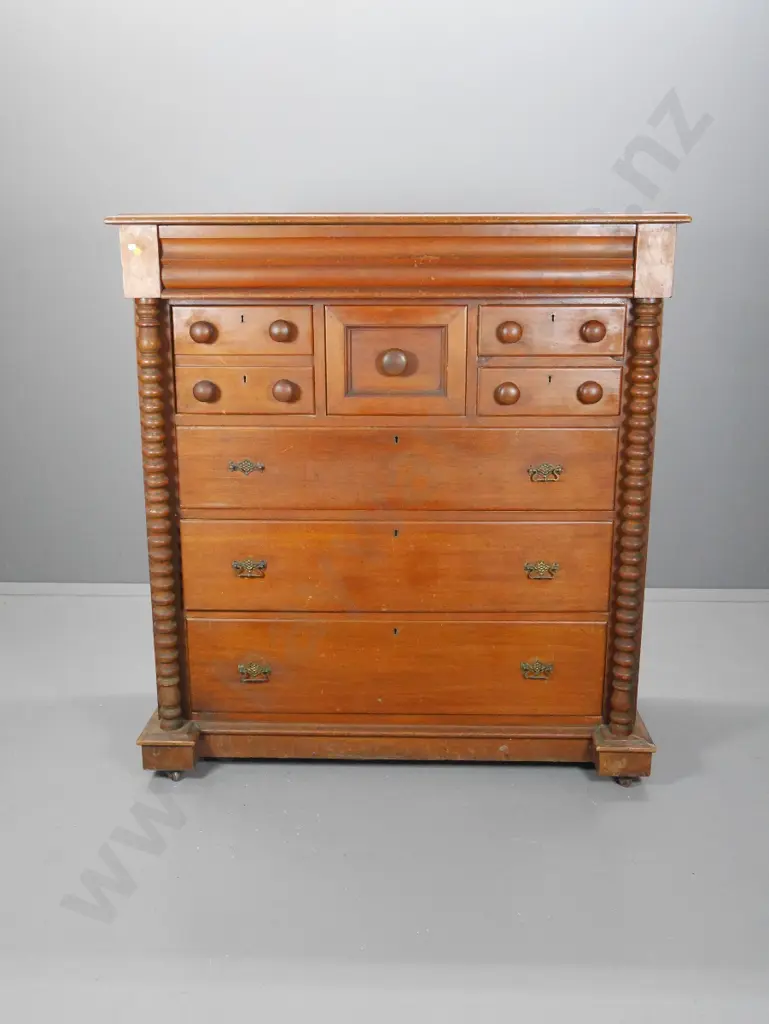vintage (kauri?) 8-drawer Scotch chest, mixed handle style, one is missing drop, polish needs work H1370 W1260 D560 Image 1++