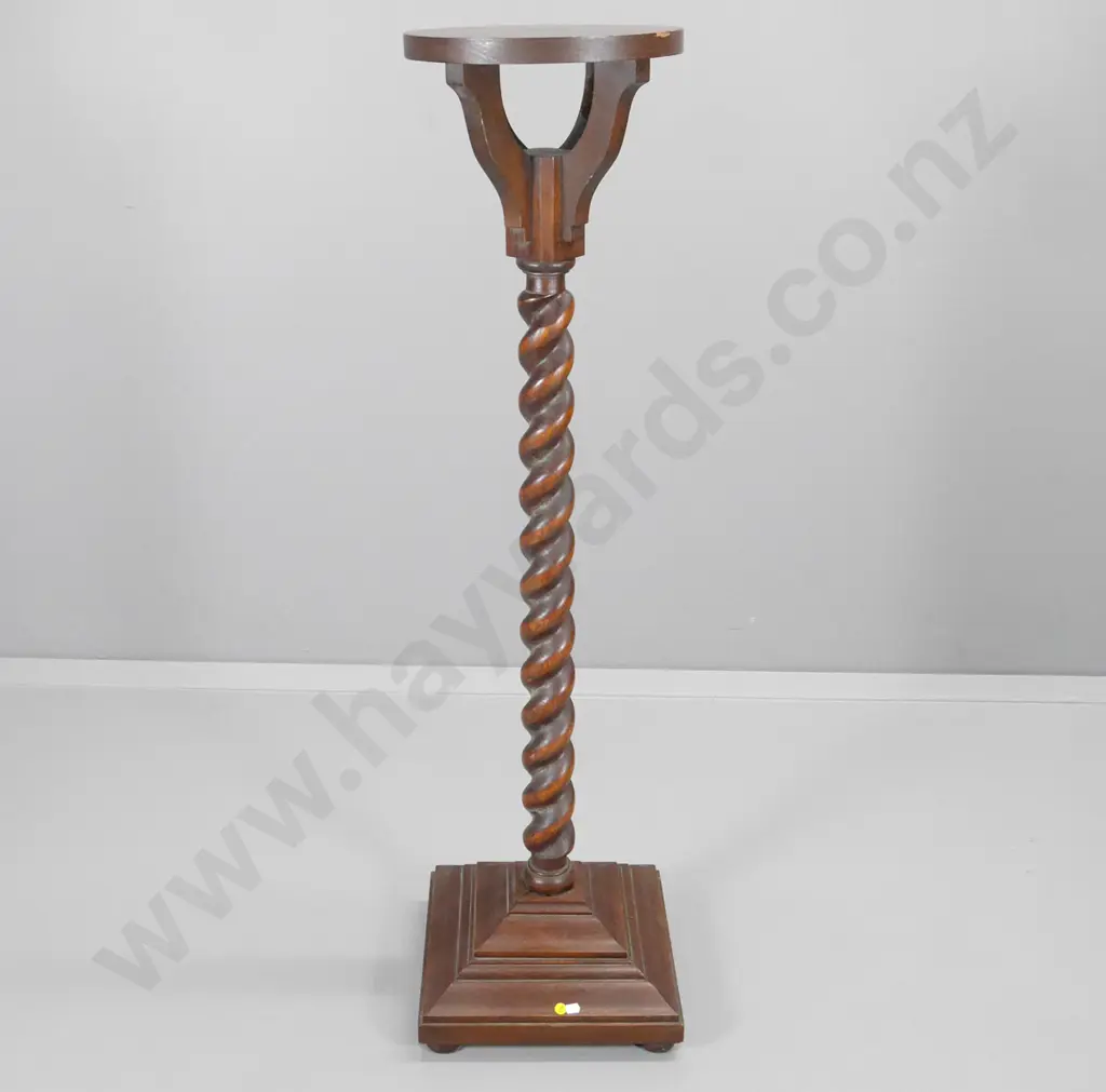 large oak & mahogany stand w/ Jacobean twist column, round top, square base, minor splits H-1230 330x330 at base Image 1++