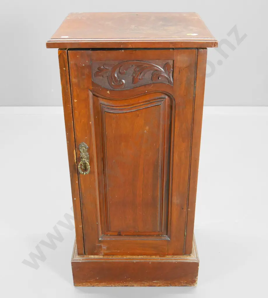 vintage mahogany pot cupboard with carved detail on door Image 1++