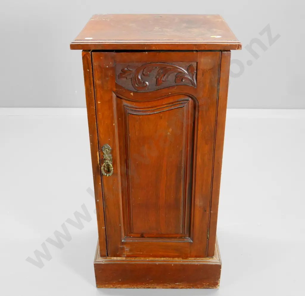 vintage mahogany pot cupboard with carved detail on door Image 1++