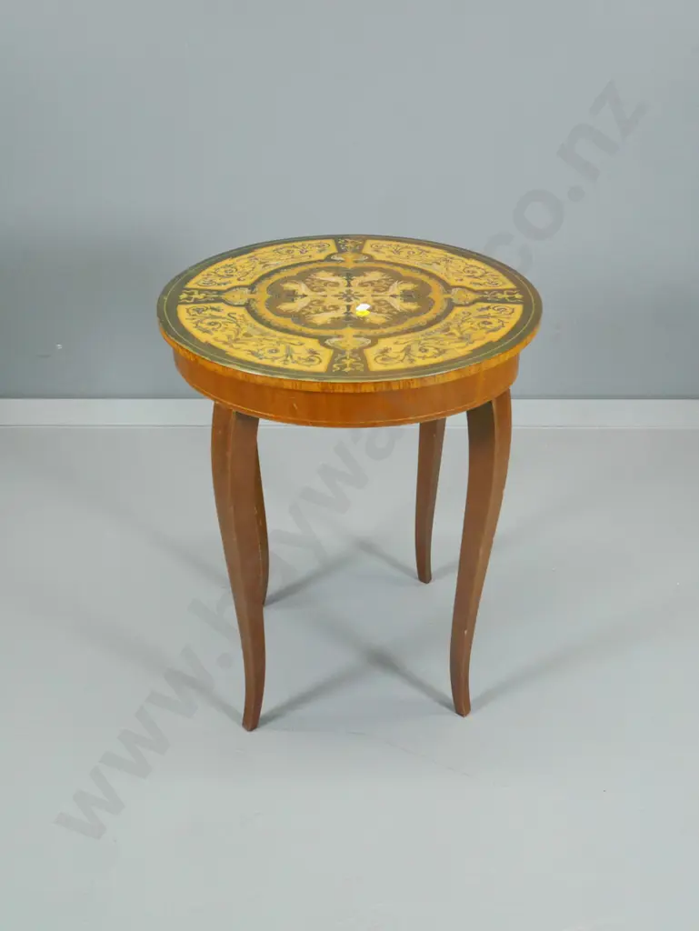 Italian Sorrento style marquetry musical table - no winding key, unknown working condition H-510 Diameter 410 Image 1++