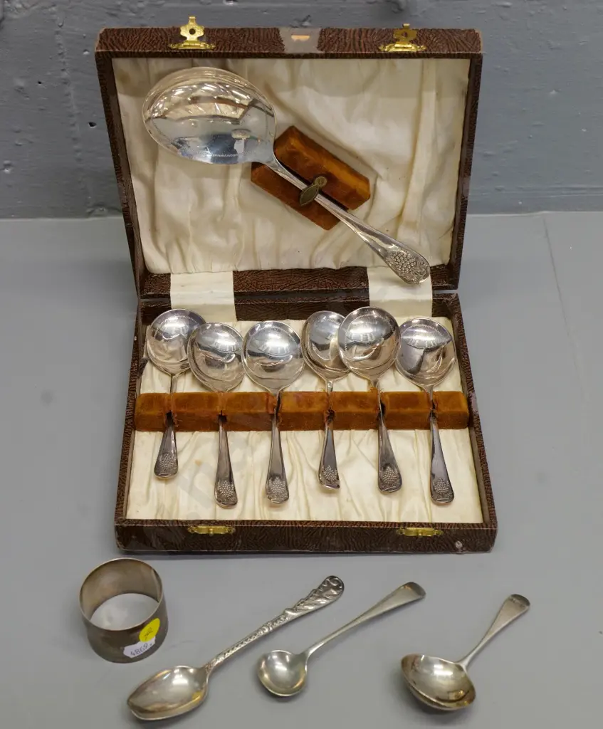 sterling silver napkin ring & small ladle, spoon marked "Montana Silver", hallmarked spoon & a cased plated fruit set Image 1++