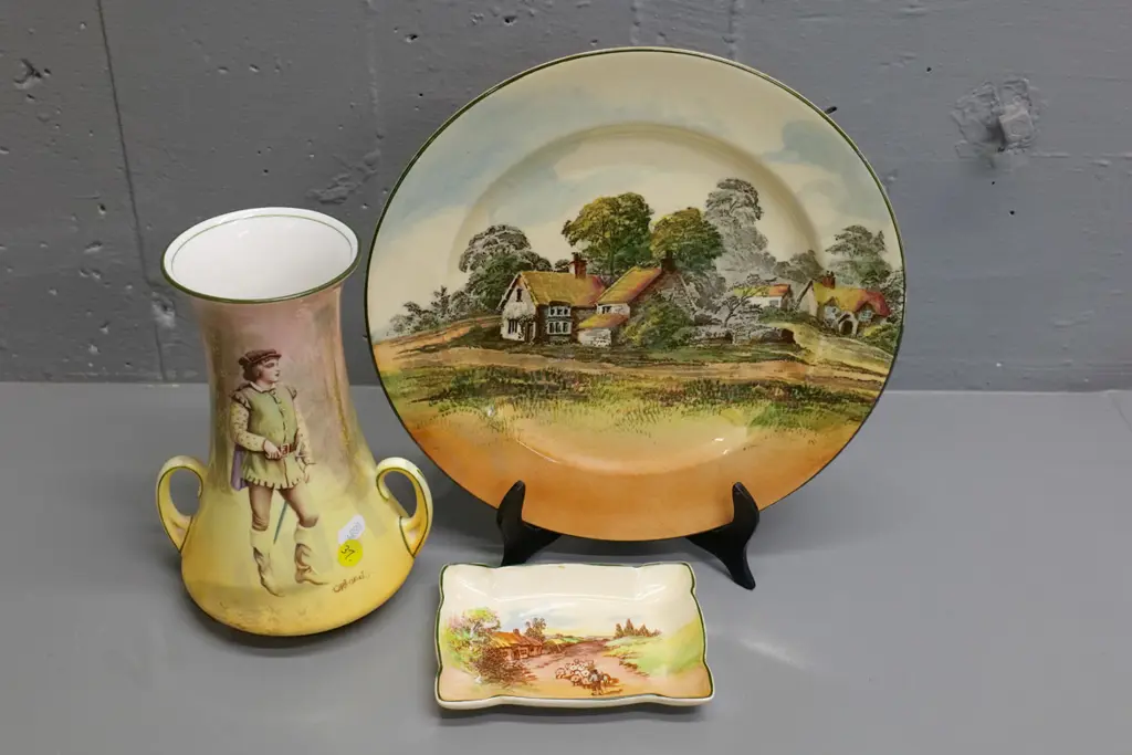 Royal Doulton Shakespeare ware Orlando handled vase H-200, Rustic England small dish & a cabinet plate Image 1++