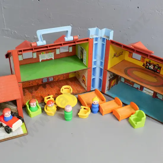 retro Fisher Price doll's house with furniture and figures - hinged and has carry handle H-220 L-420 closed