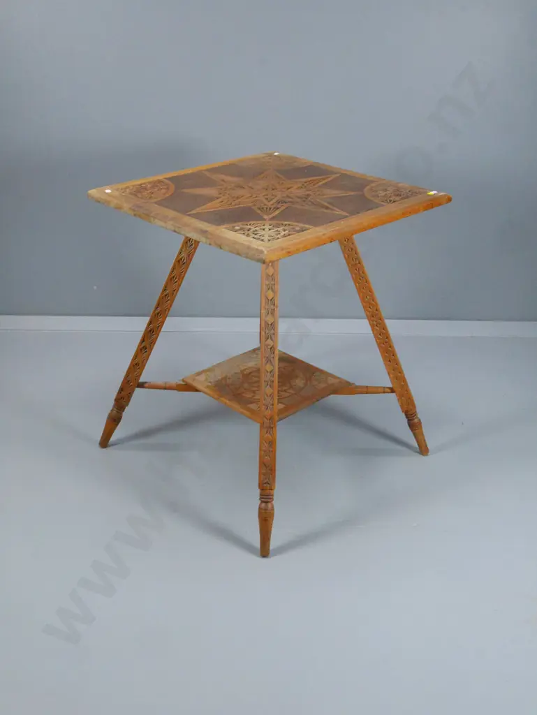 vintage kauri chip-carved square occasional table with shelf - a bit wobbly. H700 Top 600 x 600 Image 1++