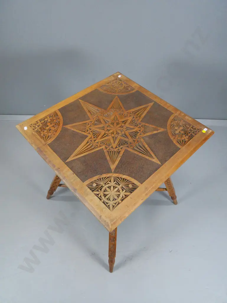 vintage kauri chip-carved square occasional table with shelf - a bit wobbly. H700 Top 600 x 600 Image 1++