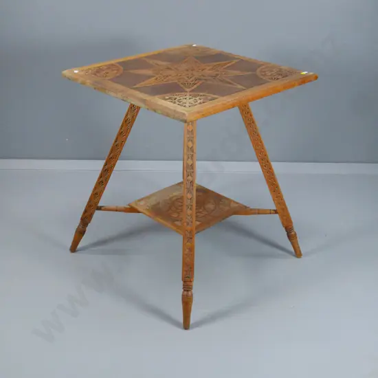 vintage kauri chip-carved square occasional table with shelf - a bit wobbly. H700 Top 600 x 600