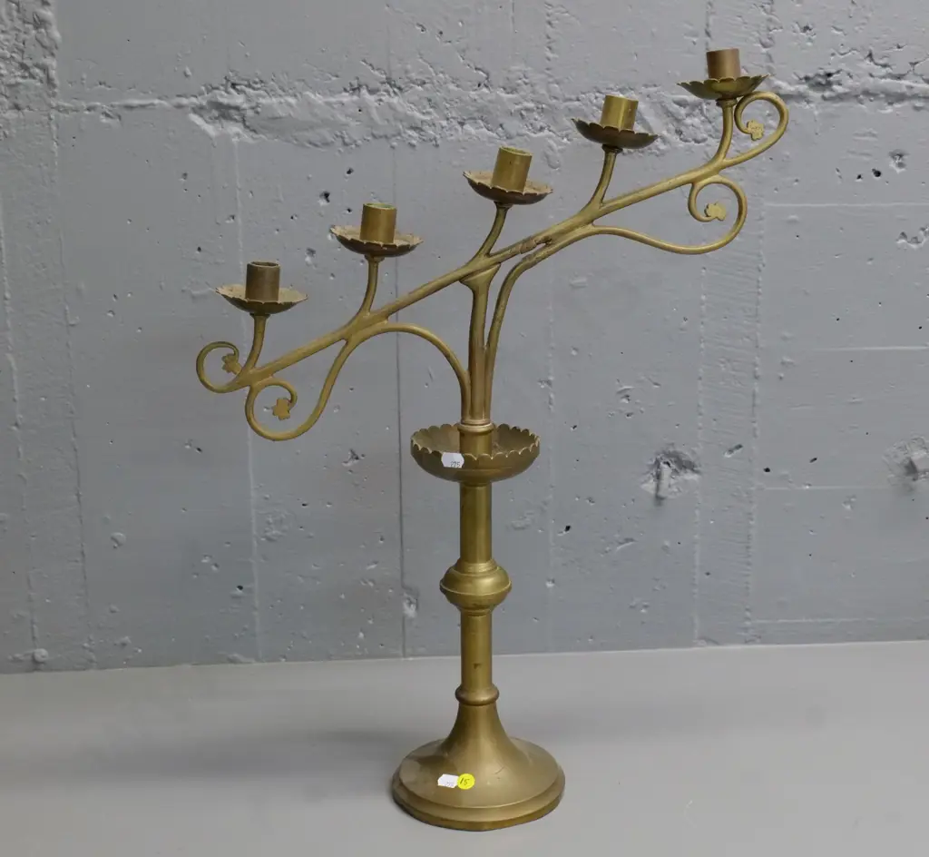 brass ecclesiastical style 5-candle candelabra - made by EJ Dwyer Sydney - slightly bent out of alignment H600 W470 Image 1++