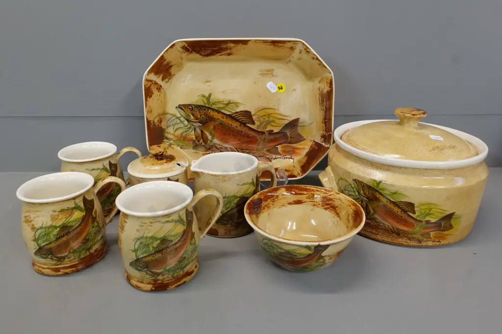 assorted Robert Gordon Australia trout themed dinnerware - lidded casserole, plate, 3 mugs, milk & sugar, honey pot Image 1++