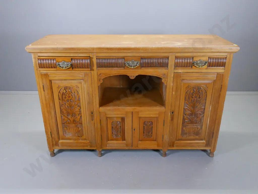 vintage kauri sideboard, 3 drawers & 4 doors with carved fronts, borer in back, polish needs work H1000 W1520 D490 Image 1++