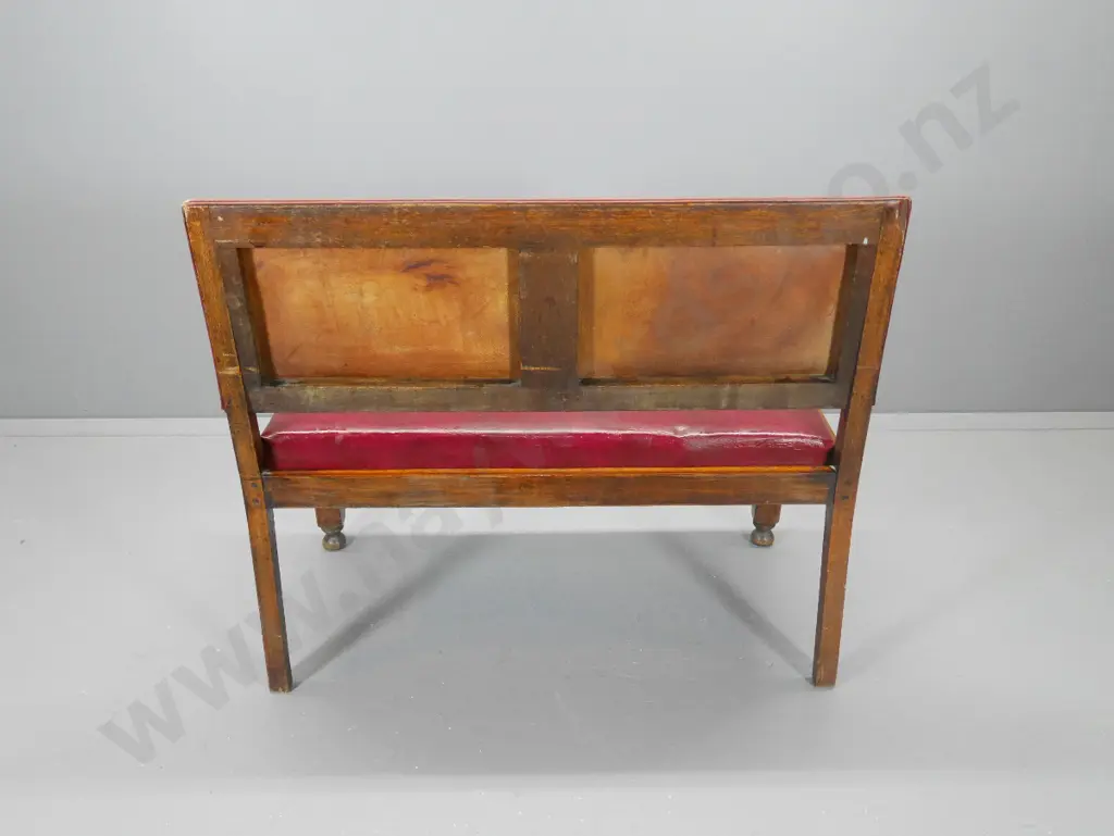 deco oak-framed bench seat in red leatherette - joints a little loose H940 W1080 D520 Image 1++