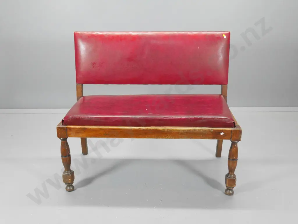 deco oak-framed bench seat in red leatherette - joints a little loose H940 W1080 D520 Image 1++